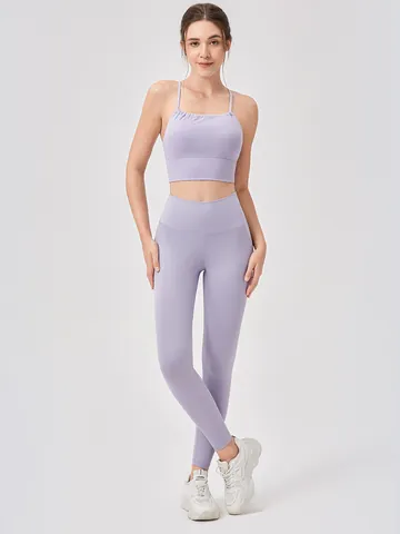 Women Ruched Front Halter Neck Sports Bra Criss Cross Back Padded Yoga Tank Top Wireless Fitness Running Workout Top
