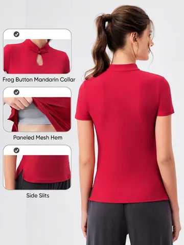Dames Yoga T-Shirt In Nieuwe Chinese Stijl Mandarijnkraag Chinese Knoop Nauwsluitend Ademend Korte Mouw Fitness Top Met Borstpads