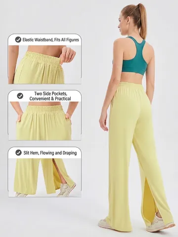 Women's High Waist Wide Leg Yoga Pants Cooling Breathable Side Slit Loose Sports Trousers Viscose Blend Lounge Pants