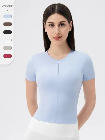 Women Slim Fit Yoga Top Short Sleeve Front Zipper Sports T-Shirt With Built-in Chest Pads Elastic Running Fitness Apparel