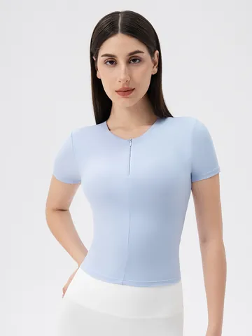 Women Slim Fit Yoga Top Short Sleeve Front Zipper Sports T-Shirt With Built-in Chest Pads Elastic Running Fitness Apparel