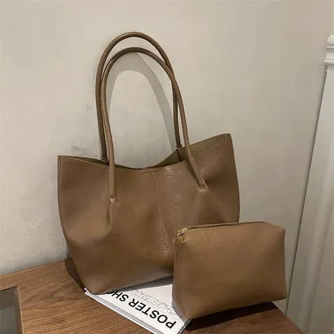 Women Minimalist PU Leather Tote Bag And Pouch Large Capacity Commuting Shoulder Bag Solid Color Simple Urban Handbag