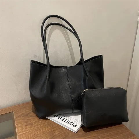 Women Minimalist PU Leather Tote Bag And Pouch Large Capacity Commuting Shoulder Bag Solid Color Simple Urban Handbag
