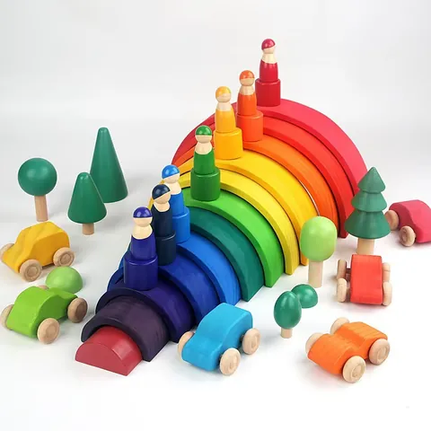 Montessori Wooden Rainbow Arches Building Blocks Educational Stacking Toy For Kids Toddlers Creative Waldorf Inspired Learning Play