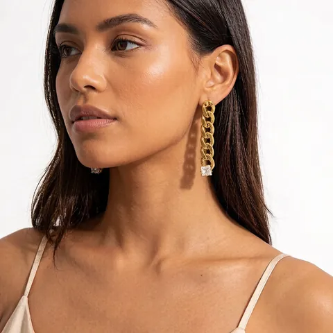 18K Gold Plated Stainless Steel Square Zircon Cuban Chain Link Long Drop Dangle Earrings Fashion Jewelry For Women
