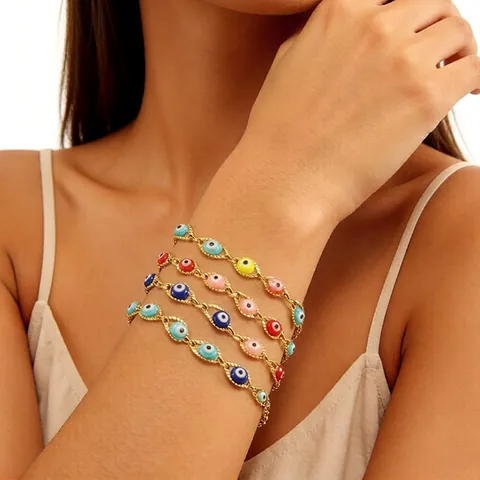 Pulsera Turca Del Mal De Ojo Acero Inoxidable Chapado En Oro 18K Joyas De Amuleto De Esmalte Colorido Para Mujer Cadena Ajustable
