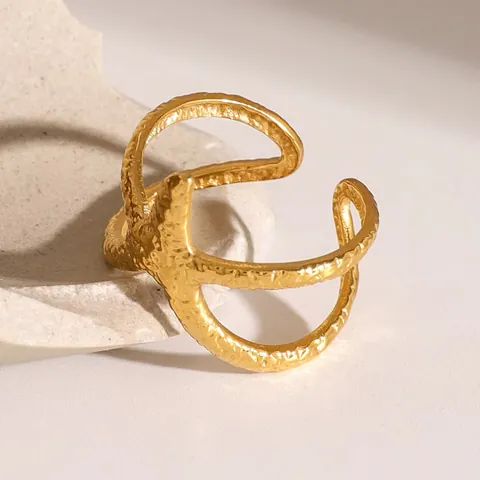 Abstrakt Seestern Offener Ring Edelstahl Vergoldet Hammerschlag Textur Verstellbar Schmuck Damen