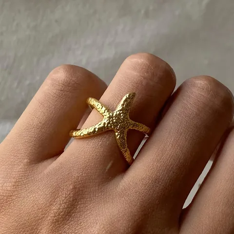 Abstrakt Seestern Offener Ring Edelstahl Vergoldet Hammerschlag Textur Verstellbar Schmuck Damen
