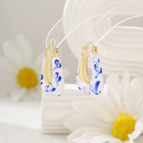 Vintage Chinesischer Stil Blau Weiß Porzellan Emaille Creolen Kupfer Vergoldet U-Form Blumen Emaille Ohrringe Für Damen Schmuck