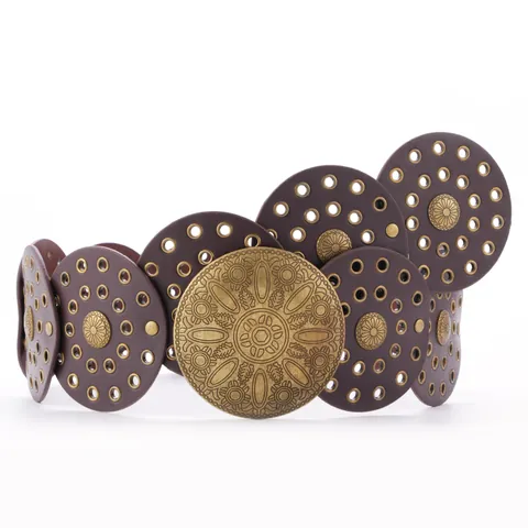 Bohemian Vintage PU Leather Wide Belt For Women Embossed Round Metal Buckle Ethnic Mandala Pattern Waistband Dress Decor
