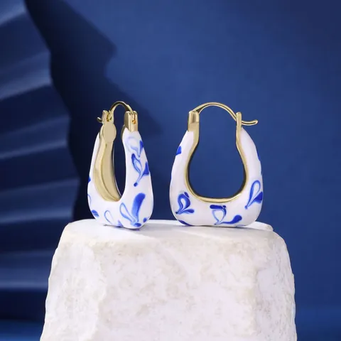 Vintage Chinesischer Stil Blau Weiß Porzellan Emaille Creolen Kupfer Vergoldet U-Form Blumen Emaille Ohrringe Für Damen Schmuck