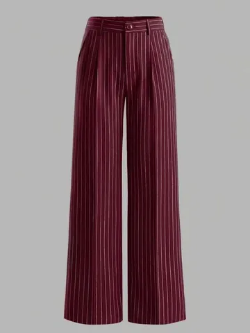 Women High Waist Pinstripe Wide Leg Pants Elegant Office Lady Professional Trousers Striped Trousers Burgundy Navy Black Khaki