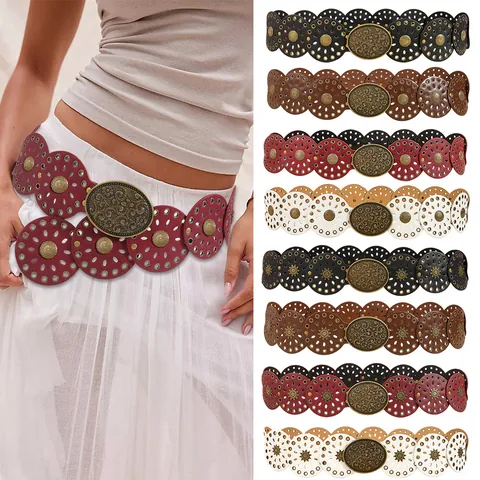Cintura Corsetto Larga da Donna Vintage Boemia in Pelle PU Circolare Cava Fibbia in Lega Bronzo Goffrata Grande Western