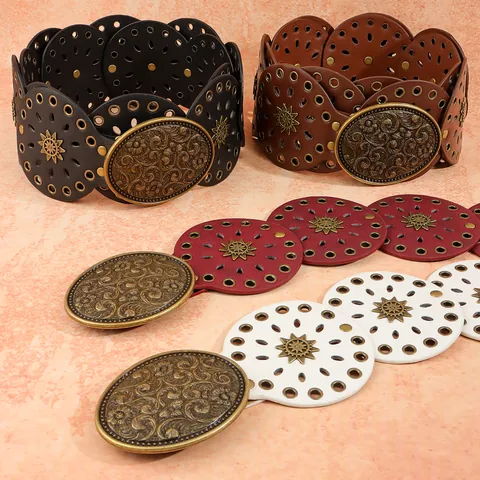 Cintura Corsetto Larga da Donna Vintage Boemia in Pelle PU Circolare Cava Fibbia in Lega Bronzo Goffrata Grande Western