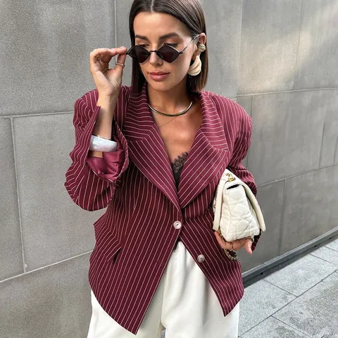 Damen Gestreifter Blazer Slim Fit Revers Professionelle Büro Anzugjacke Elegant Langarm Pendler Oberbekleidung Mantel