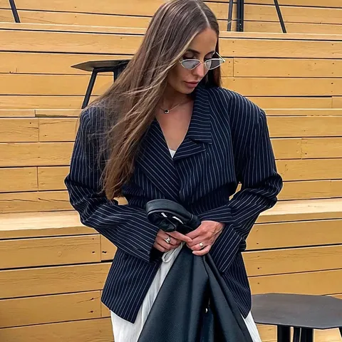 Damen Gestreifter Blazer Slim Fit Revers Professionelle Büro Anzugjacke Elegant Langarm Pendler Oberbekleidung Mantel
