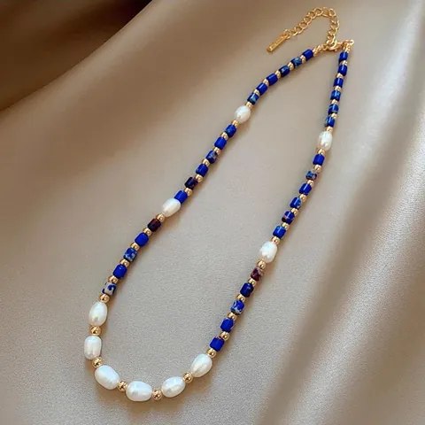 Handgemachte Reis Süßwasserperle Lapislazuli Perlenkette Für Damen Gold Galvanisierte Legierung Barock Zierliche Halskette Schmuck