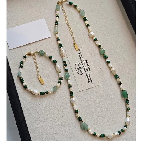 Collana E Bracciale In Rame Con Perline Bohemien Retrò Con Perle Naturali D'acqua Dolce Malaquita Pietra Aventurina Verde Gioielli Da Donna