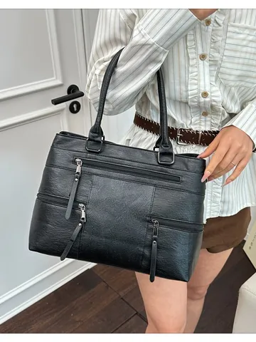 Women Retro PU Leather Tote Bag Multi-Zipper Large Capacity Shoulder Crossbody Handbag Fashion Commuter Solid Bag