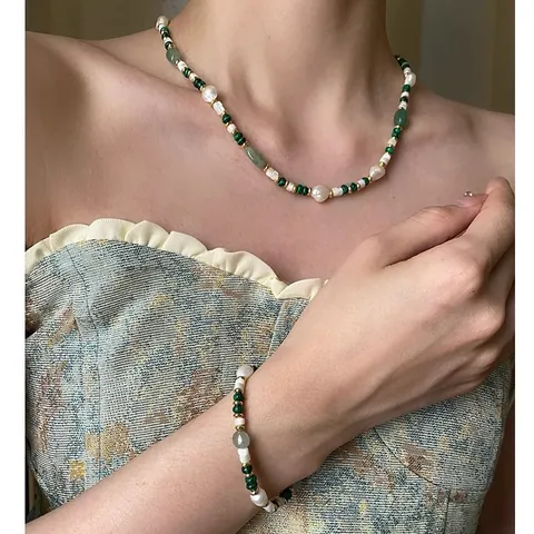 Collana E Bracciale In Rame Con Perline Bohemien Retrò Con Perle Naturali D'acqua Dolce Malaquita Pietra Aventurina Verde Gioielli Da Donna