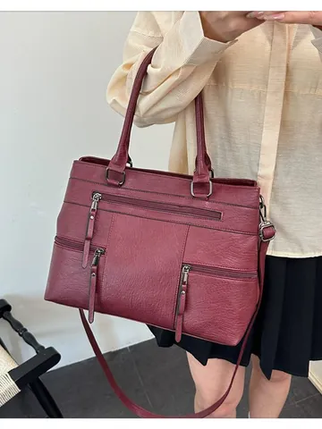 Women Retro PU Leather Tote Bag Multi-Zipper Large Capacity Shoulder Crossbody Handbag Fashion Commuter Solid Bag