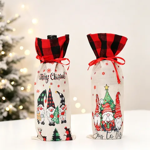 Christmas Wine Bottle Cover Burlap Gnomes Print Red Black Plaid Ribbon Drawstring Holiday Party Table Decor