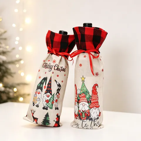 Christmas Wine Bottle Cover Burlap Gnomes Print Red Black Plaid Ribbon Drawstring Holiday Party Table Decor