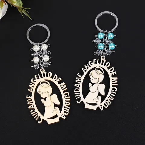 Religious Keychain Wood Laser Cut Our Lady Of Guadalupe Spanish Prayer With Glass Artificial Pearls For Baptism Communion Gift