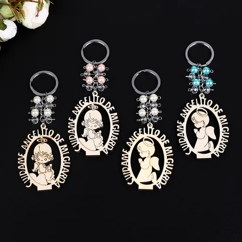 Religious Keychain Wood Laser Cut Our Lady Of Guadalupe Spanish Prayer With Glass Artificial Pearls For Baptism Communion Gift