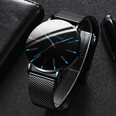 Men Fashion Quartz Watch Metal Mesh Band Leather Strap Minimalist Business Analog Wristwatch