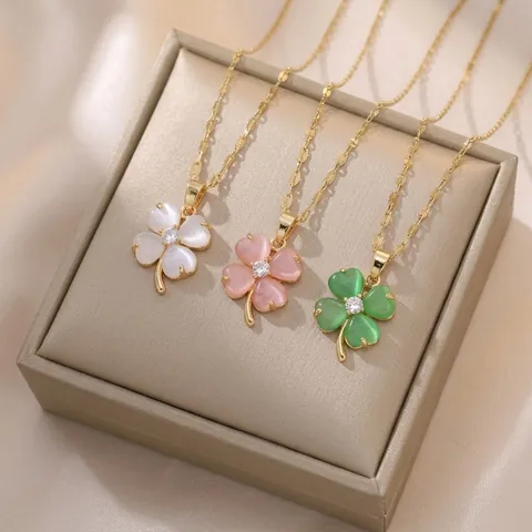 Kleeblatt Anhänger Halskette Titanstahl Vergoldet Katzenaugenstein Zirkon Süßer Modeschmuck Geschenk Für Damen