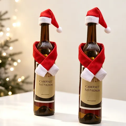 Décoration De Bouteille De Vin De Noël Mini Chapeau Et Écharpe Tissu Non Tissé Table Festive Dîner Fête Bar Ornement Rouge Blanc
