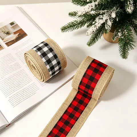 Nastro Natalizio Quadri Iuta Bordo Cablato Per Decorazione Albero Confezione Regalo DIY Rustico