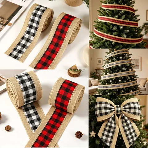 Nastro Natalizio Quadri Iuta Bordo Cablato Per Decorazione Albero Confezione Regalo DIY Rustico