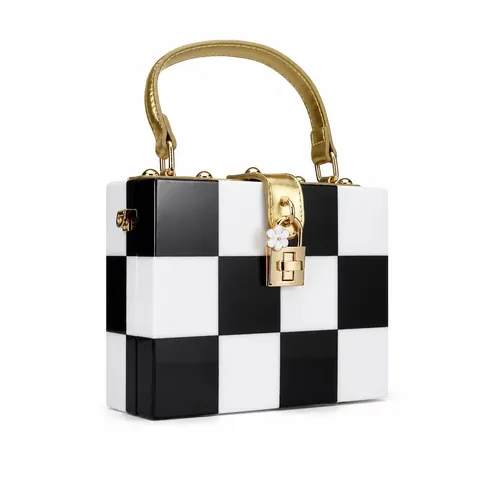 Borsa Box In Acrilico Scacchiera Manico Dorato A Mano Tracolla Sera Guscio Rigido Vintage Ciondolo Fiore Per Donne