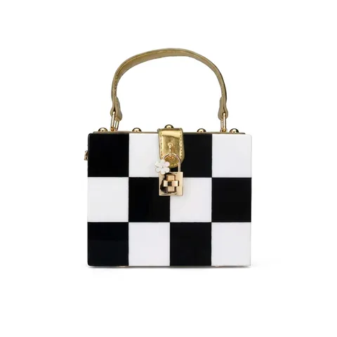 Acrylic Checkerboard Box Bag Gold Handle Handheld Crossbody Evening Hard Case Purse Vintage Flower Charm For Women