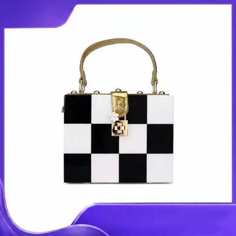 Borsa Box In Acrilico Scacchiera Manico Dorato A Mano Tracolla Sera Guscio Rigido Vintage Ciondolo Fiore Per Donne