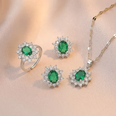 Elegant Emerald Green Cubic Zirconia Flower Necklace Earrings And Adjustable Ring Stainless Steel Copper Jewelry For Women