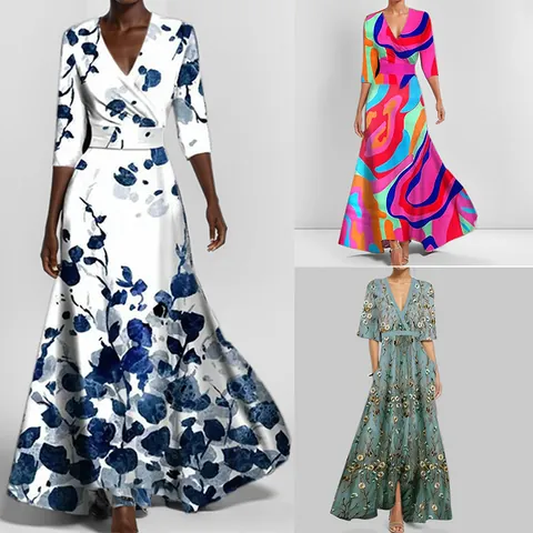 Damen Elegantes V-Ausschnitt Bedrucktes Maxikleid Polyester Hohe Taille Dreiviertelarm Blumen Commuter Stil Langes Gewand Dame