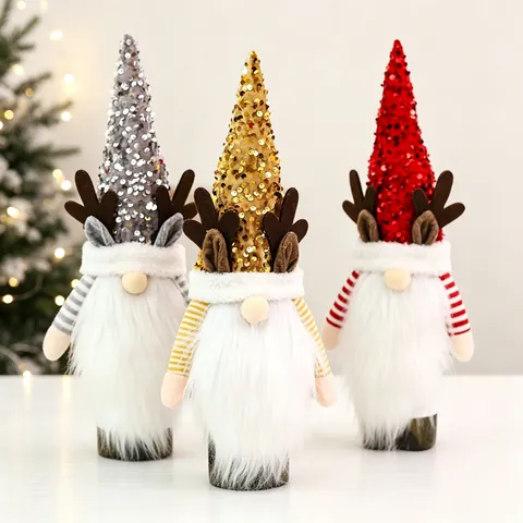Housse De Bouteille De Vin De Noël Gnome À Paillettes Bois De Renne Chapeau En Peluche Décoration De Table Ornement De Fête