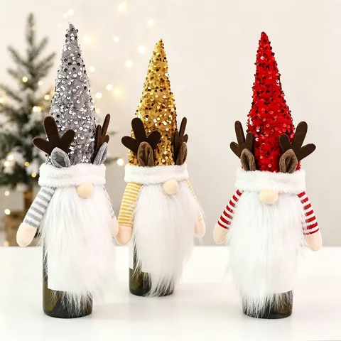 Housse De Bouteille De Vin De Noël Gnome À Paillettes Bois De Renne Chapeau En Peluche Décoration De Table Ornement De Fête