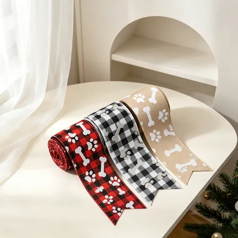 Christmas Wired Edge Ribbon Plaid Paw Print Bone Pattern Faux Burlap Decor For Gift Wrapping Holiday