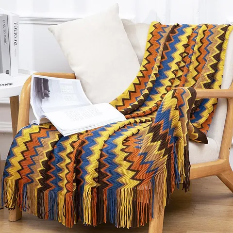 Runner Da Letto E Cuscino In Acrilico Lavorato A Maglia Bohemien Motivo Onde Zigzag Nappe Stile Etnico Decorazioni