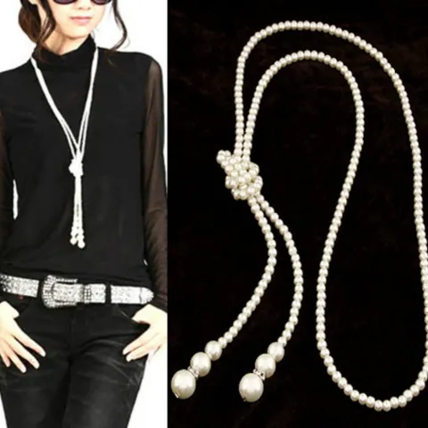Elegante Collar Largo De Perlas Artificiales Para Mujer Aleación Estrás Cadena De Jersey Con Nudo Tejido Y Decoración De Borla