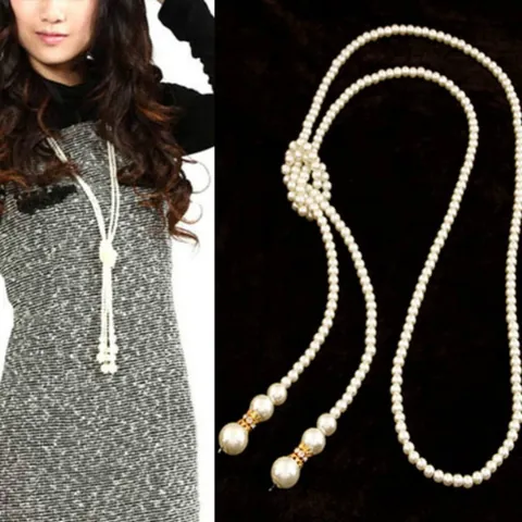 Elegante Collar Largo De Perlas Artificiales Para Mujer Aleación Estrás Cadena De Jersey Con Nudo Tejido Y Decoración De Borla