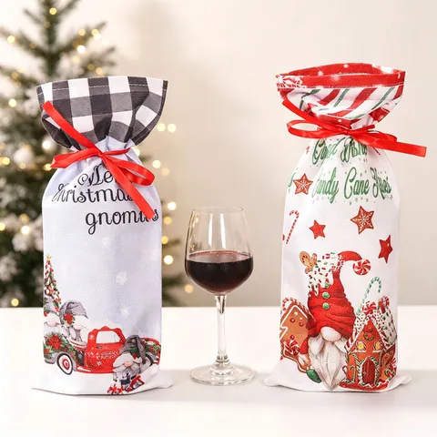 Christmas Wine Bottle Covers Gnome Gingerbread Burlap Polyester Drawstring Holiday Gift Bags Festive Table Decor