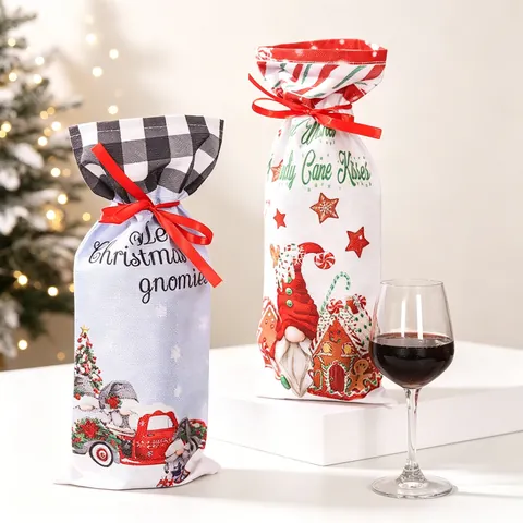 Christmas Wine Bottle Covers Gnome Gingerbread Burlap Polyester Drawstring Holiday Gift Bags Festive Table Decor