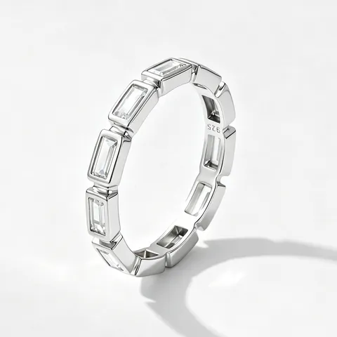 S925 Argento Sterling Baguette Zirconia Anello Eternity per Donna Moderno Geometrico Rettangolo Impilabile Anello Gioielli