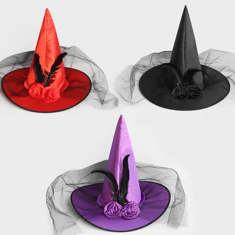 Halloween Witch Hat Satin Lace Rose Mesh Feather Gothic Cosplay Party Costume Accessories For Women And Kids