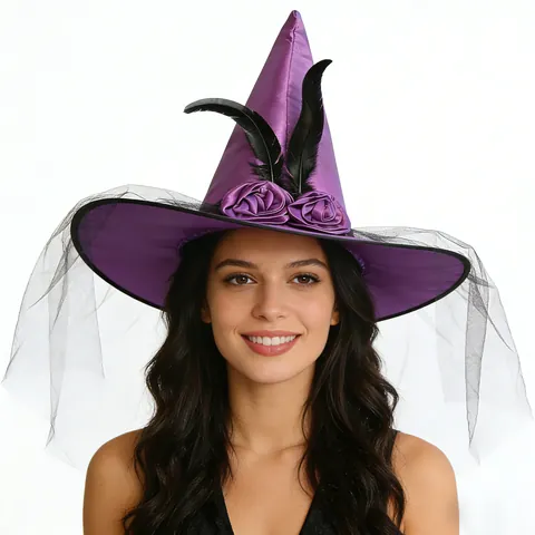 Halloween Witch Hat Satin Lace Rose Mesh Feather Gothic Cosplay Party Costume Accessories For Women And Kids